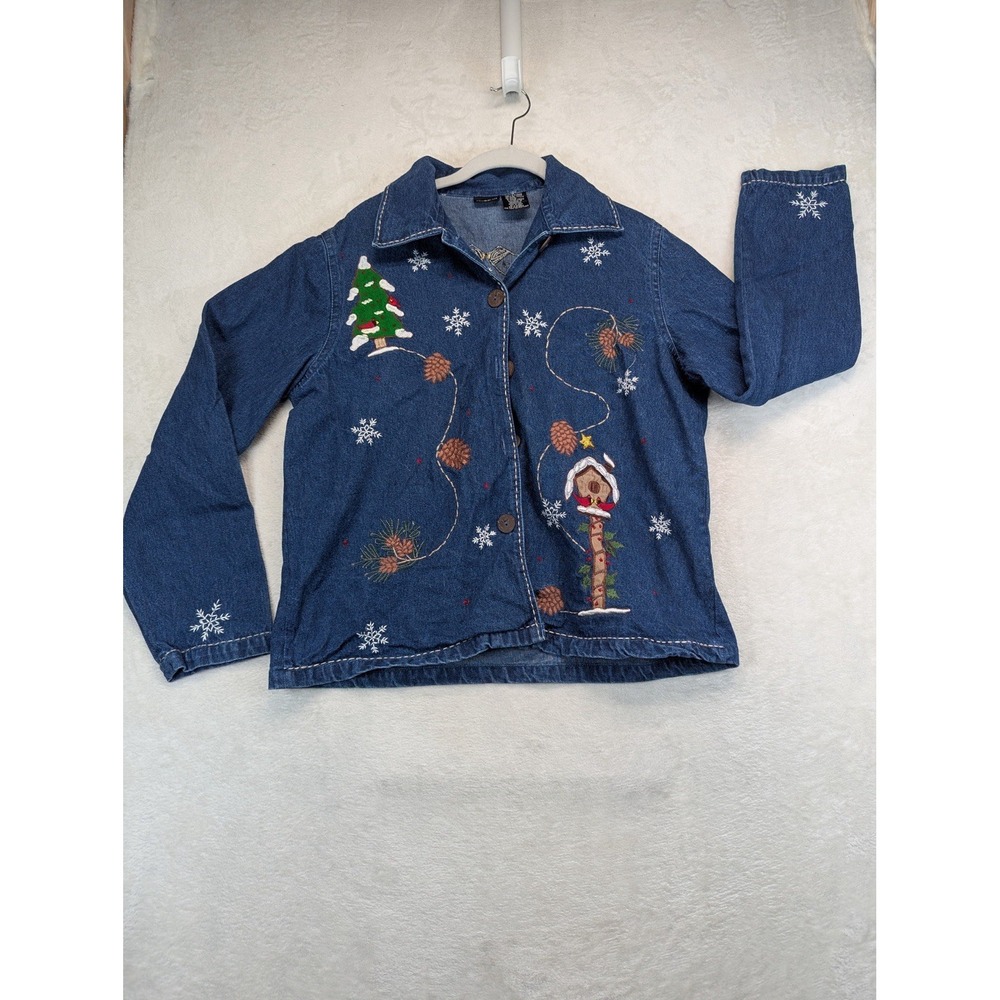 NorthCrest Womens XL Christmas Denim Jacket Embroidered Applique Tree Snowflake